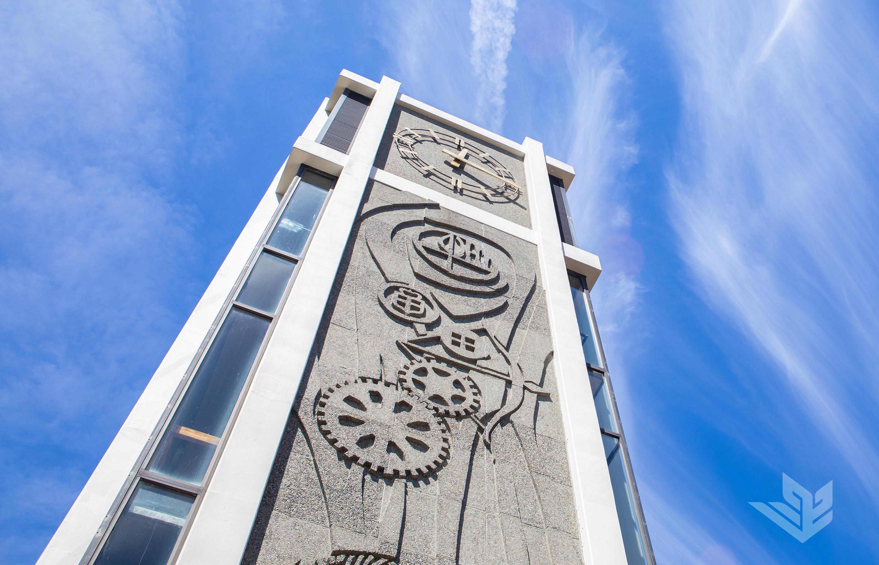 Seattle Pacific University's iconic clock tower against the blue Northwest sky.