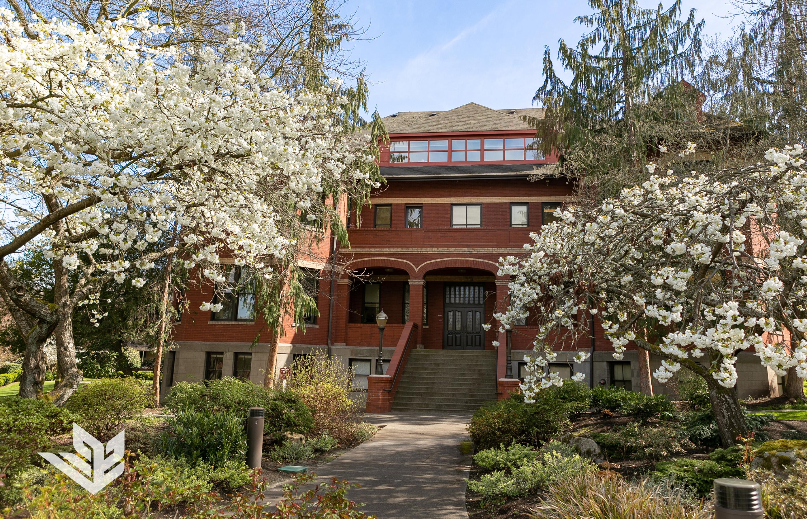 A springtime image of Peterson Hall on the Seattle Pacific University campus